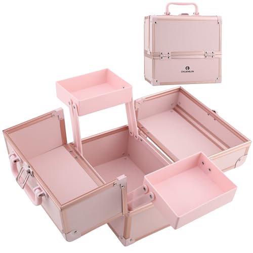 Makeup Train Case 2 Trays Makeup Box Organizer Portable Travel Makeup Case Lockable Makeup Storage Organizer Cosmetic Box for Jewelry Nail Tech Brushes Accessories Tool, Pink
