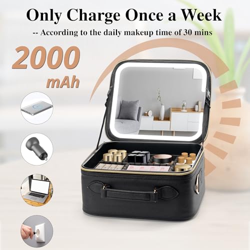 Travel Makeup Bag with LED Mirror - Black Portable Cosmetic Organizer