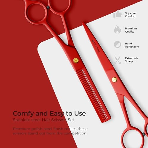 Professional Hair Scissors Set 6.5 Inch with Thinning Shears - Red - Salon Quality