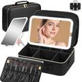 Large Travel Makeup Bag with LED Mirror, 3-Color Stepless Dimming Stand Mirror Detachable, with Adjustable Divider, Makeup Brush Holder Storage (Black)