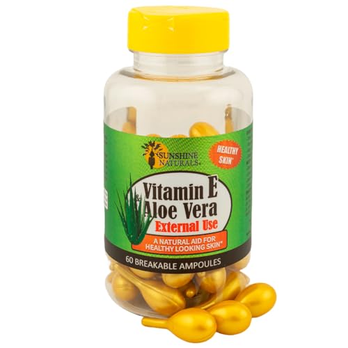 Sunshine Naturals Vitamin E and Aloe Vera Moisturizer. Hydrating Formula for Dry Skin, Soothing Relief, Nourishment, and Skin Elasticity. Promotes Soft, Smooth, and Healthy-Looking Skin. 60 Vials.