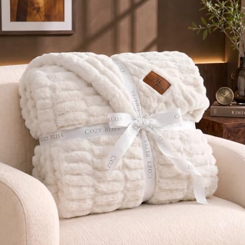 Cream White Double-Sided Faux Fur Throw Blanket 50x60 Cozy Bliss