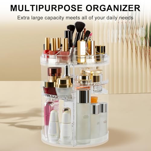 Makeup Organizer, 360 Degree Rotating Adjustable Cosmetic Storage Display Case with 8 Layers Large Capacity, Fits cosmetics, Makeup Brushes, Lipsticks and More, Clear