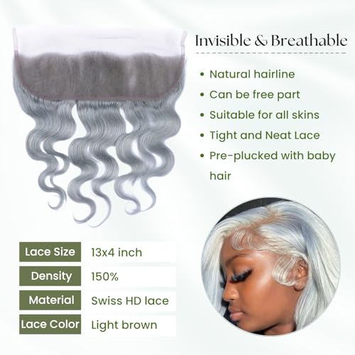 Grey 16 Inch 13x4 Frontal Closure Human Hair Body Wave 180% Density - Variation of THIS listing