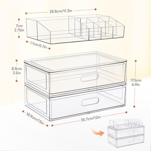Clear Stackable Makeup Organizer with 2 Large Drawers - 12''W Acrylic Storage (4 Pack) by Aurblozen