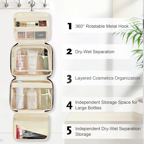 Travel Toiletry Bag, Hanging Makeup Organizer with Hook, Water-Resistant Cosmetic Bag, Fits Full-Size Shampoo & Conditioner Bottles, for Women & Men, Makeup Accessories & Brushes (Pink, Large)