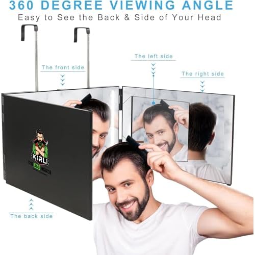 Kirli 3 Way Mirror for Self Hair Cutting ? 360¡Æ with LED Lighting, Portable Trifold Mirror to See Back of Head, Adjustable Hooks, Ideal for Men & Women Styling (Black)