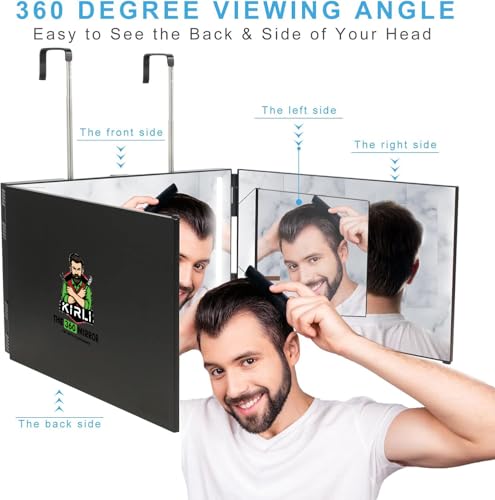 Kirli 3 Way Self Hair Cutting Mirror with LED Lighting - Black, Portable & Adjustable Hooks