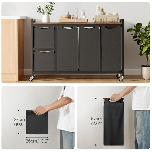 HOOBRO Laundry Sorter with 5 Compartments & Removable Bags, Rustic Brown, 170L Capacity