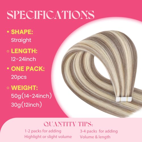 Ve Sunny 14 Inch Light Brown Blonde Hair Extensions Tape-In 50g - Variation #8A/P60