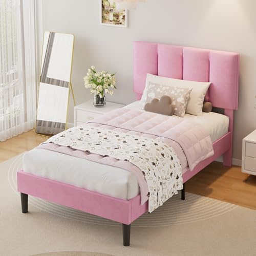 VECELO Twin Size Platform Bed Frame with Upholstered Pink Velvet Headboard - Easy Assembly