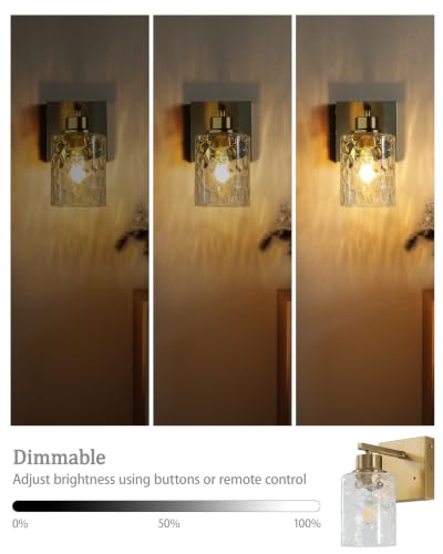 Hammered Glass Wireless Wall Sconces Set of Two Gold with Clear Shades - Rechargeable Battery Operated
