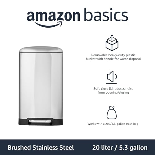 Amazon Basics Wide 5.3 Gallon Small Trash Can with Soft-Close Pedal, Removable Inner Bin, Nickel