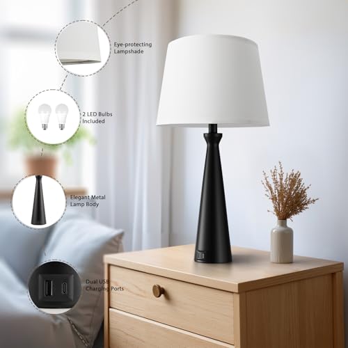 Seealle Black Base White Shade 3-Way Dimmable Touch Bedside Lamps Set of 2
