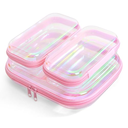 Clear Hard Shell Zipper Case Set - Laser Pink 3 Pcs, Portable Cosmetic & Organizing Bags