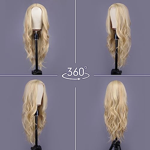 Long Wavy Blonde Wig for Women 26 Inch Synthetic Hair - Middle Part - Blonde