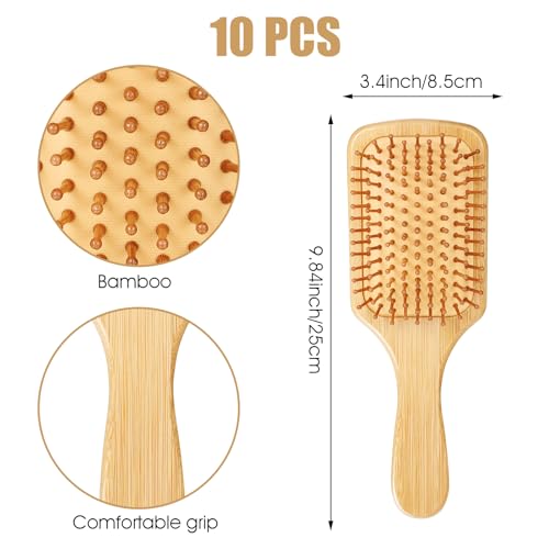 Molain 10 Pcs Bamboo Hair Brush Set – Round-Tipped Detangling Paddle Wood Brushes, Anti-Static & Portable