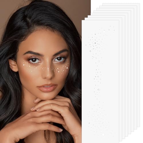 8 Sheets Glitter Freckles Face Tattoo, Face Glitter Freckles, Sparkle Makeup Patches,Cute Glitter Makeup Accessories for Women Cosmetic Glitter for Face (Silvery)