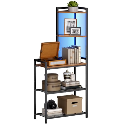 Corner Shelf with LED Light & Storage Stand - Rustic Brown + Black, 56.3" Tall