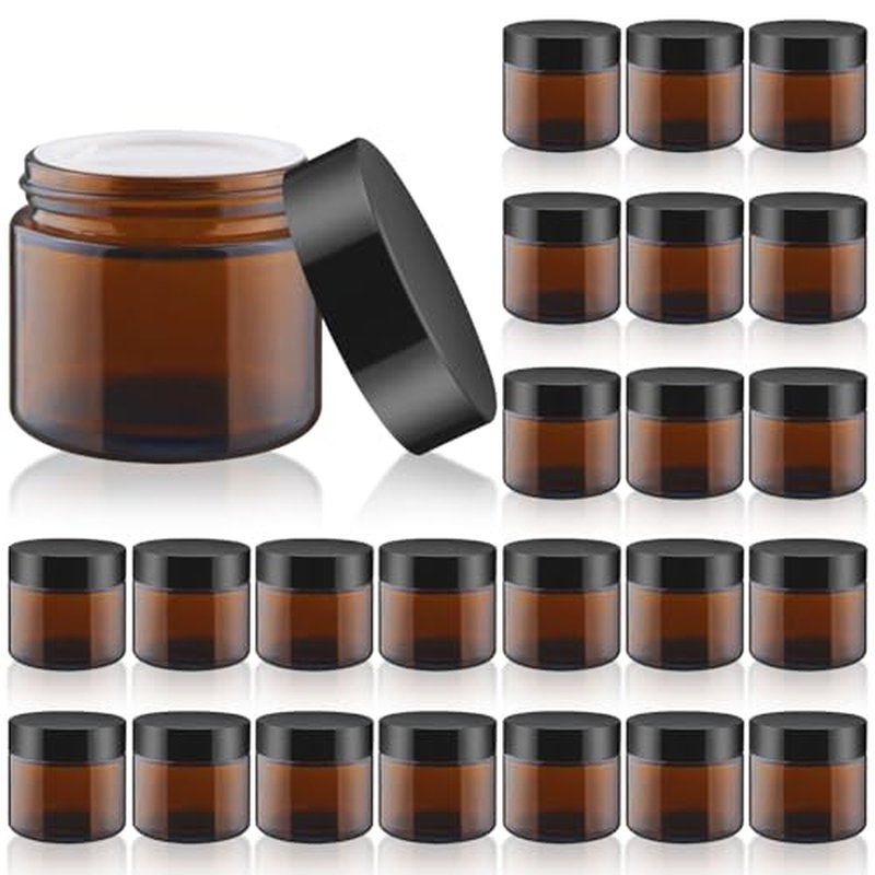 24 Pcs Amber Glass Jars Round Small Glass Jars Empty Refillable Cosmetic Containers with Inner Liners & Black Lids for Make Up Sample Powder Cream Lotion Spice - 60g/2oz