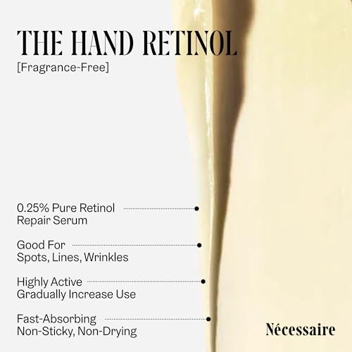 N?cessaire The Hand Retinol. Anti-Age Repair Serum. For Crepiness, Wrinkles, Spots, Brittle Cuticles. 0.25% Pure Retinol. 5% AHA. Dermatologist-Tested. Hypoallergenic. Non-Comedogenic. 2.2 fl oz.