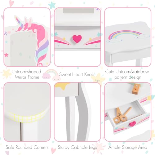 Kids Vanity Set with Unicorn and Rainbow Theme - Includes Mirror & Drawer - Gift for Girls