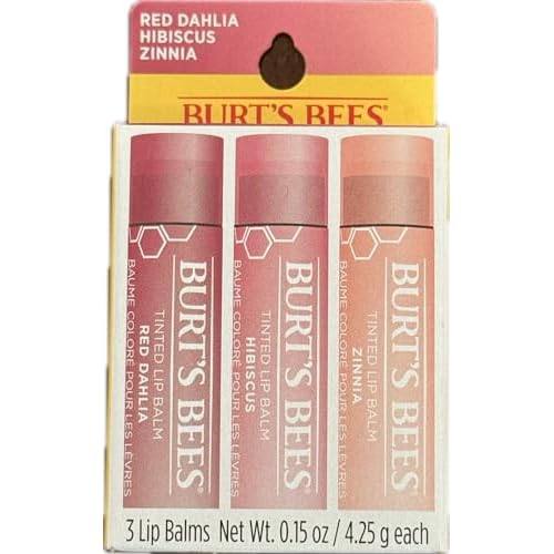 Burt's Bees Tinted Lip Balm | 3 Lip Balms - Red Dahlia, Hibiscus, Zinnia
