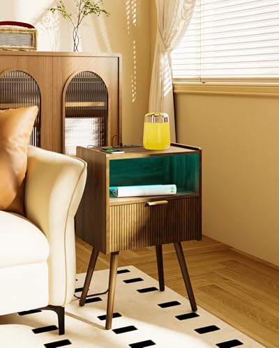 Walnut Brown Nightstand with Charging Station LED Lights Storage Drawer Open Shelf Modern Bedside Table