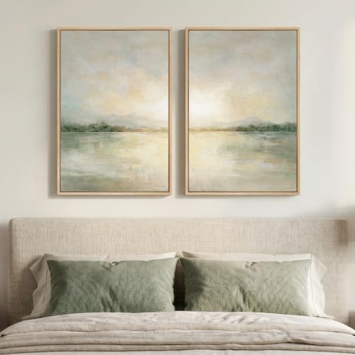 Sage Green Abstract Landscape Wall Art Set - 16x24 Inches, Framed Canvas, 2 Panels, Neutral Scenic Decor for Bedroom & Living Room - Variation: Green Neutral / 16" W x 24" H