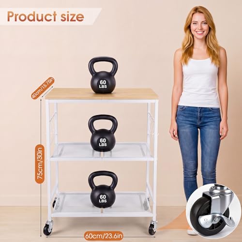 White 3-Tier Rolling Kitchen Cart with Lockable Wheels & 6 Hooks