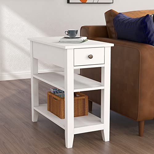 White ChooChoo Side Table with Drawer and Shelf for Living Room - Narrow Design