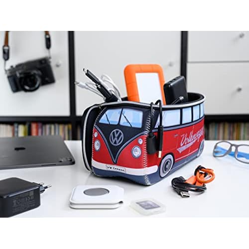BRISA VW Collection - Volkswagen Neoprene Universal Makeup Cosmetics Toiletry Travel Pharmacy Bag in T1 Bus Design (Red/Black) (Large (11.8 x 5.5 x 4.7 inches))
