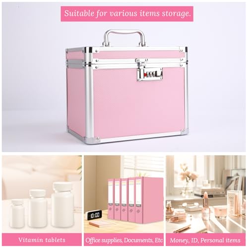Girls Makeup Box Organizer Storage with Combination Lock, Locking Makeup Cosmetic Train Case for Women, 9.96" x 6.8" x 7.79" Travel Make up Box Pink