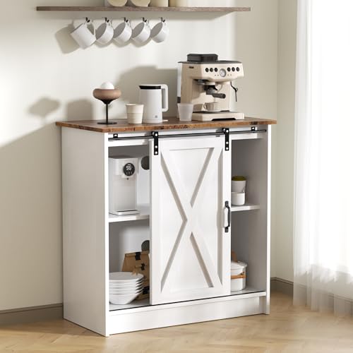 White Farmhouse Coffee Bar Cabinet with Sliding Barn Door Storage