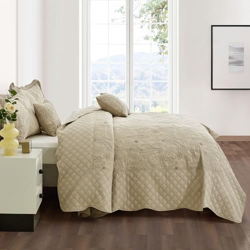 CHIXIN Queen Size Botanical Leaves Quilt Set with Reversible Coverlet & Shams, Lightweight Bedspread, Taupe, 5 Pieces