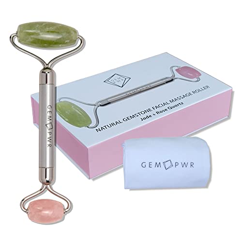 Jade and Rose Quartz Facial Roller for Face and Neck Massage - Dual Gemstones with Travel Bag - Minimize Wrinkles & Puffiness, Boost Skin Elasticity (Variation: Jade + Rose Quartz)