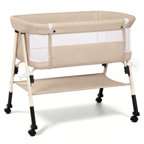 3-in-1 Baby Bassinet Bedside Sleeper with Mesh Sides & Height Adjustment - Beige
