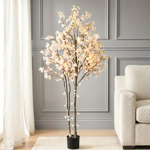 White Artificial Cherry Blossom Tree with Lights - 6ft Indoor Decor - Faux Sakura Tree for Living Room & Events