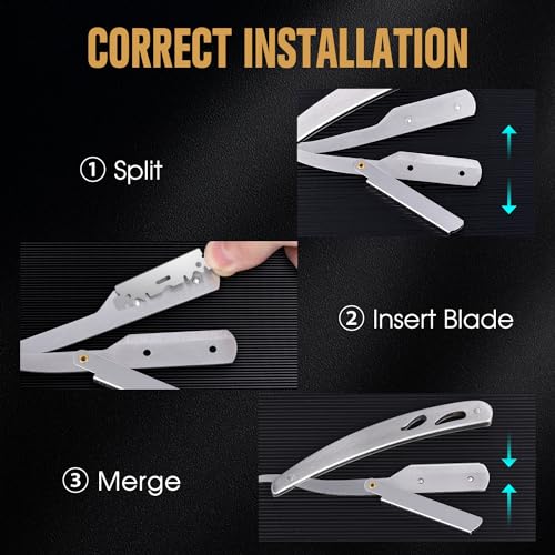 TSMADDTS Professional Straight Razors Kit with Silver Straight Blade Razor, 20-Pack Single Edge Blade, Scissors, Tweezers, Leather Holder