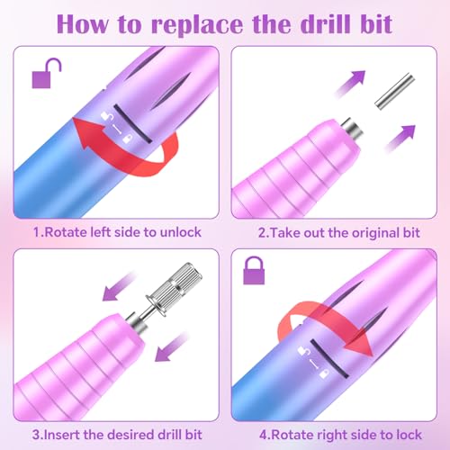 ORFASTAR Pink Nail Drill Pro 45000 RPM Wireless Electric Nail File Kit with 11 Bits & Sanding Bands
