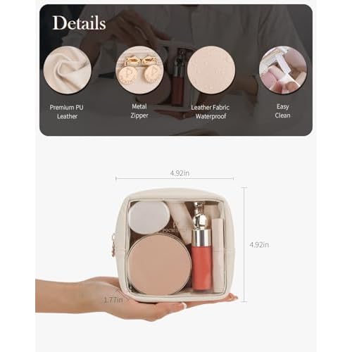 Pocmimut Mini Makeup Bag with Small Cosmetic Bag Travel Essentials Organizers,TSA Approved Toiletry Bag Makeup Pouch Clear Cosmetic Bags for Women,Beige