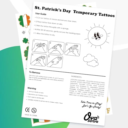 St Patricks Day Temporary Tattoos 56 Glitter Styles Shamrock Face Stickers Suppiles Kiss Me I'm Irish Party Favor St Patty's Day Accessories Leprechauns Arts and Crafts