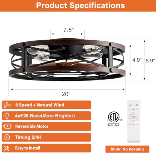 20-Inch Caged Ceiling Fan with Light and Remote Control - Brown & Black Variations