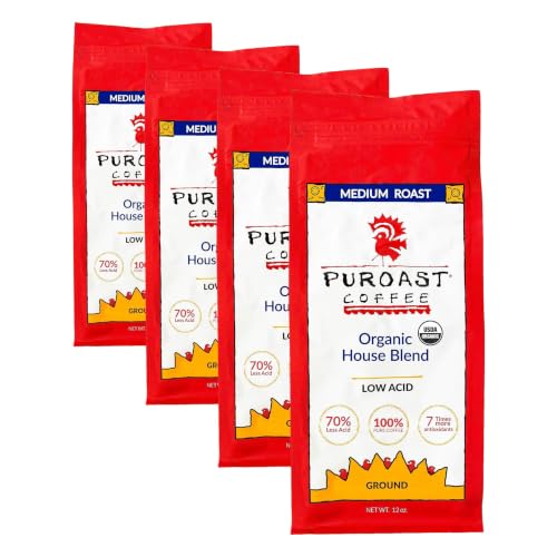 Puroast Organic Low Acid Ground Coffee - House Blend, 12 oz Pack of 4