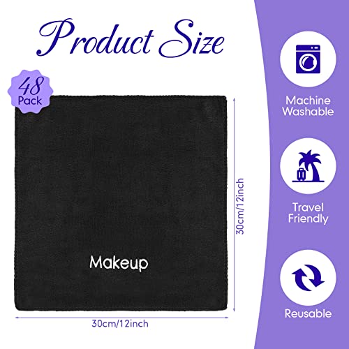 48 Pcs Black Microfiber Makeup Remover Towels - 12x12 Inch Reusable Face Cloths, Pack of 2