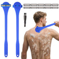 Back& Body Shaver for Men,Back Hair Trimmer for Men with Long Bendable Ergonomic Silicone Handle,10 of The Wet or Dry Disposable Razor Blades,Bath Brush Included(Blue)
