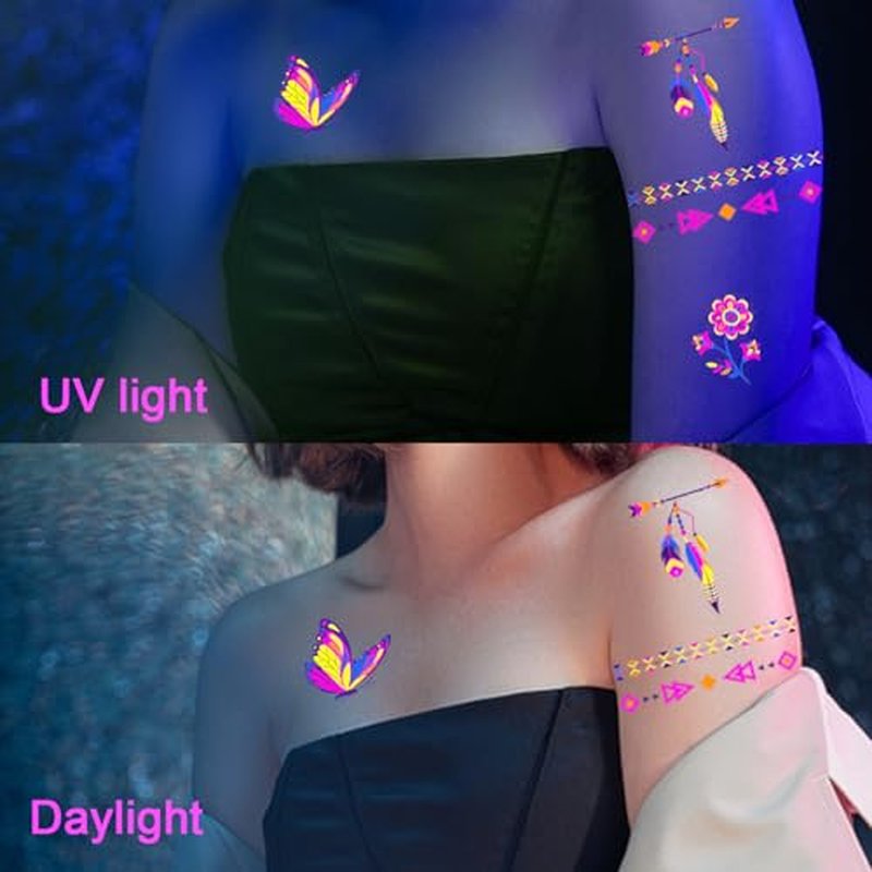 20 Sheet Glow in The Dark Temporary Tattoos - 200+Styles Fluorescence UV Neon Waterproof Body Face Fake Tattoo Stickers for Adults Women Men Kids Rave Festival Accessory Party Supplies Decorations
