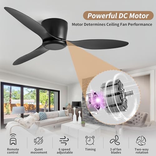 42-Inch Black Ceiling Fan No Light with Remote Control - Quiet, Moisture-Proof, 6-Speed
