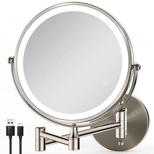 Rechargeable Wall Mounted Makeup Mirror Brushed Nickel, 8.5'' Magnifying Mirror with Lights Double-Sided 1X/10X 360¡Æ Rotation Extension Bathroom Shaving Mirror with Foldable Arm