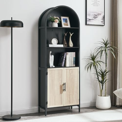 VIPLUMI Arched Bookcase with Doors, 5-Tier Tall Oak & Black, Without Glass Door